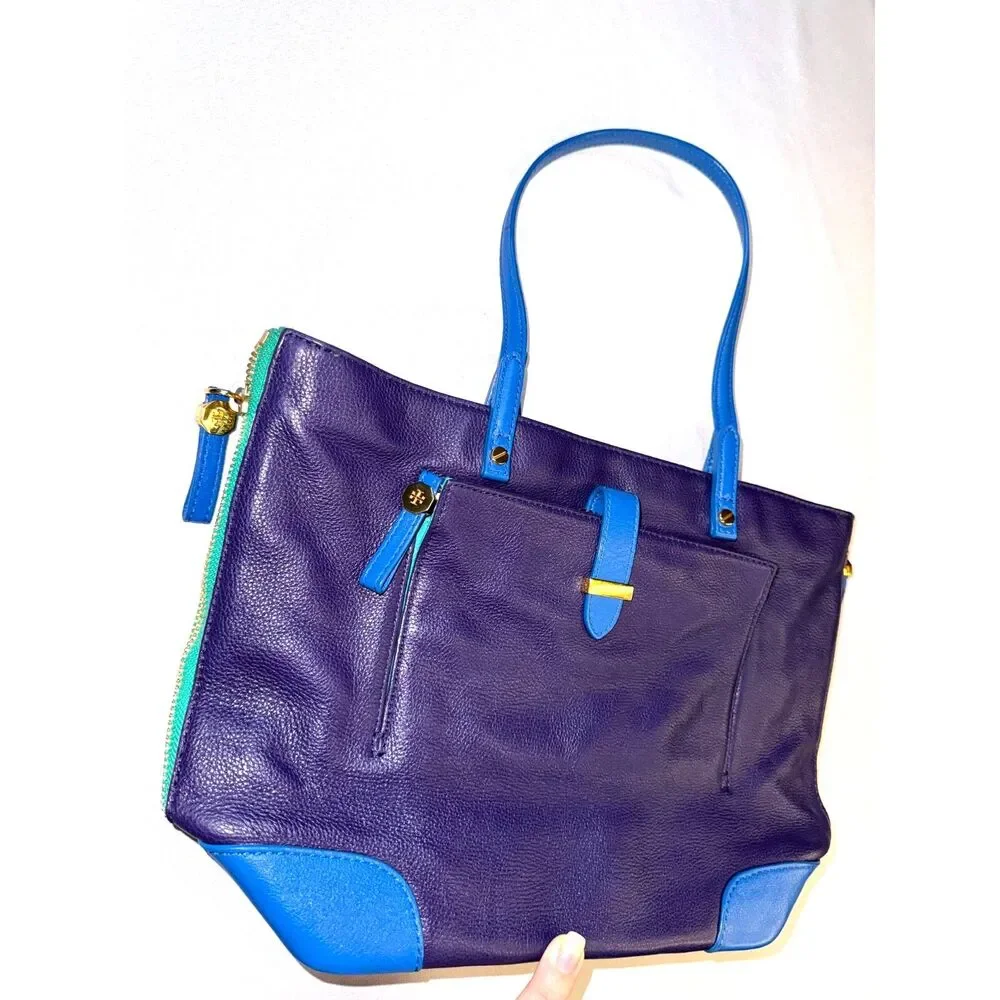 Tory Burch Blue, Purple, Green Color Blocked leather purse.